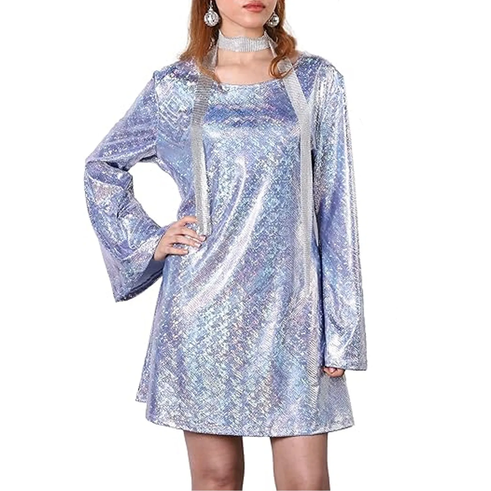 Women's Shiny Sequin Print Casual T-Shirt Mini Dresses Elegant Long Flared Sleeve O-Neck Stage Performances Hippie Party Vestido