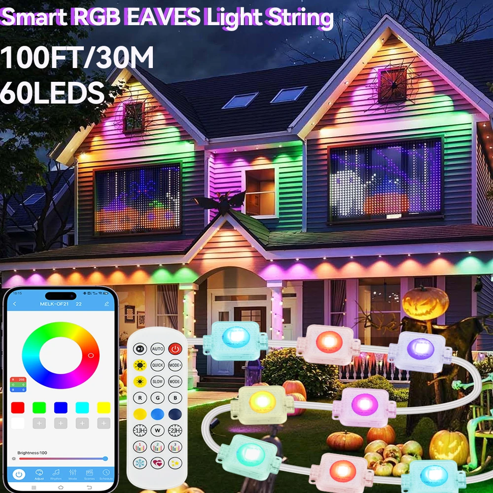 Traufe RGB Lichterkette 100FT 60LEDS Außenbeleuchtung Lichter Musik Timer IP65 Wasserdichte String Party Urlaub Dekor