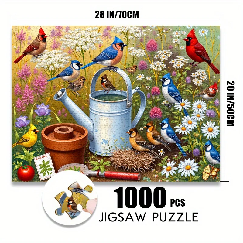 Puzzle di carta da 500/1000 pezzi: paesaggio del giardino primaverile con uccelli colorati e attrezzi da giardinaggio - Grande puzzle giocattolo per adulti, famiglia
