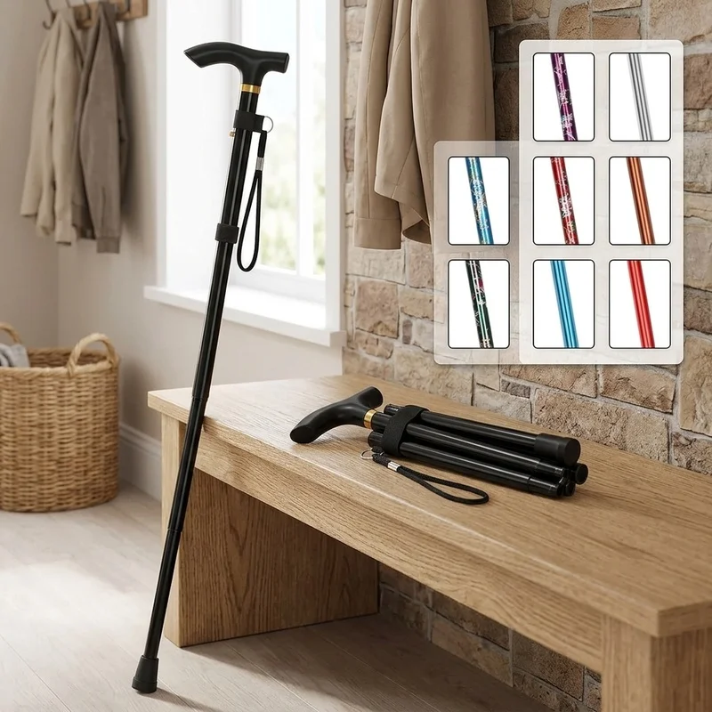 5-Level Adjustable Folding Walking Cane Portable Collapsible Walking Stick with Wrist Strap Ergonomic T-Handle for Men Women