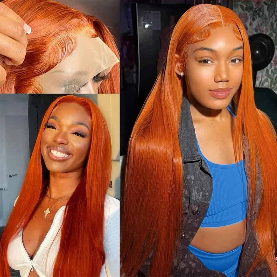 Ginger Straight Transparent 13x6 Lace Frontal Wigs Brazilian 13x4 200% Full Front Wig 100% Full Remy Human Hair For Women