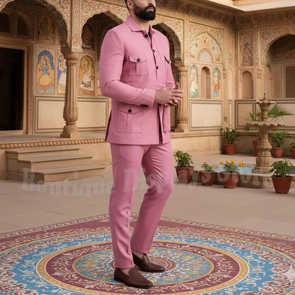 

Solid Pink Customized Men's Suit Stand Collar Single Breasted Formal Outfit Slim Fit Formal Evening Party Prom Blazer Set