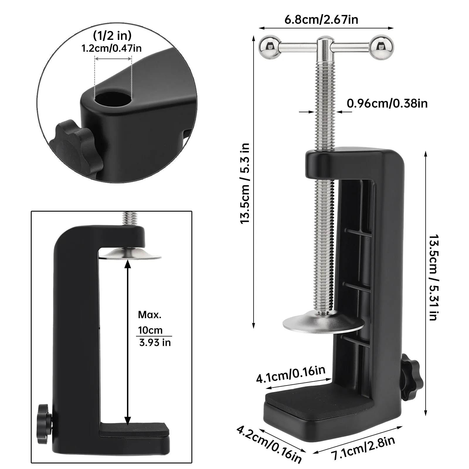 Heavy Duty Desk Clamp 100mm Max Clamping Width Large Metal Table Mount Clamp Holder for 1/2Inch Base Lamp Microphone Boom Arm