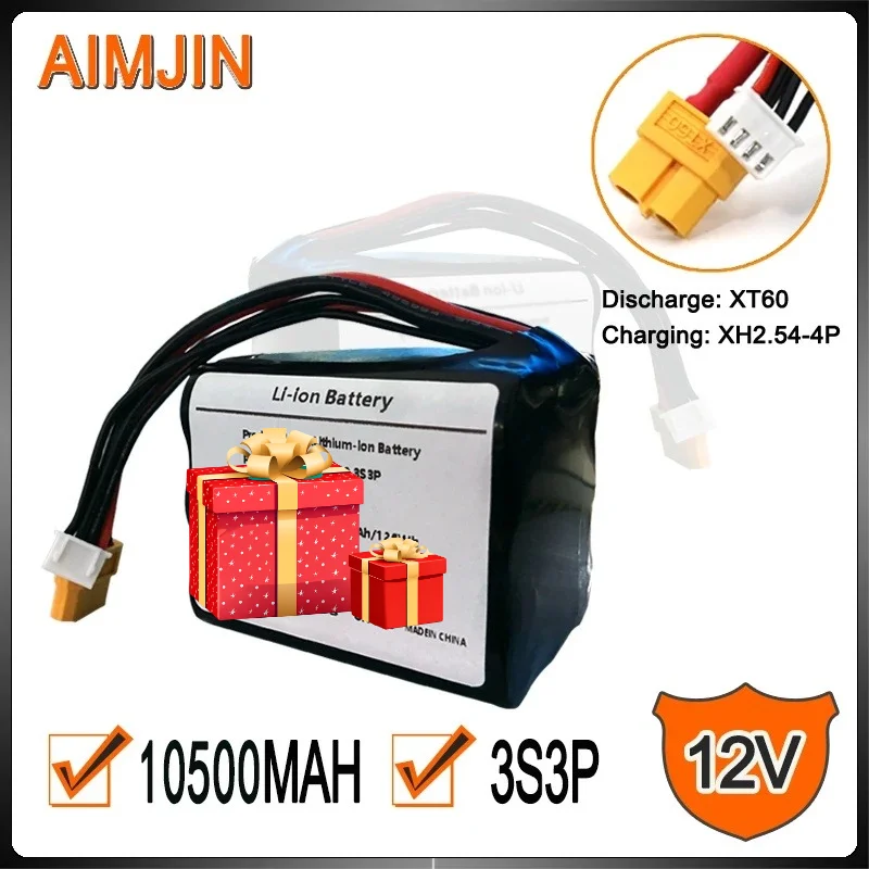 

AIMJIN 3S3P 12V 10.5Ah 10Ah High Capacity UAV Rechargeable 12.6V Li-ion Battery for Various RC Airplane Quadrotor XH2.54-4P XT60