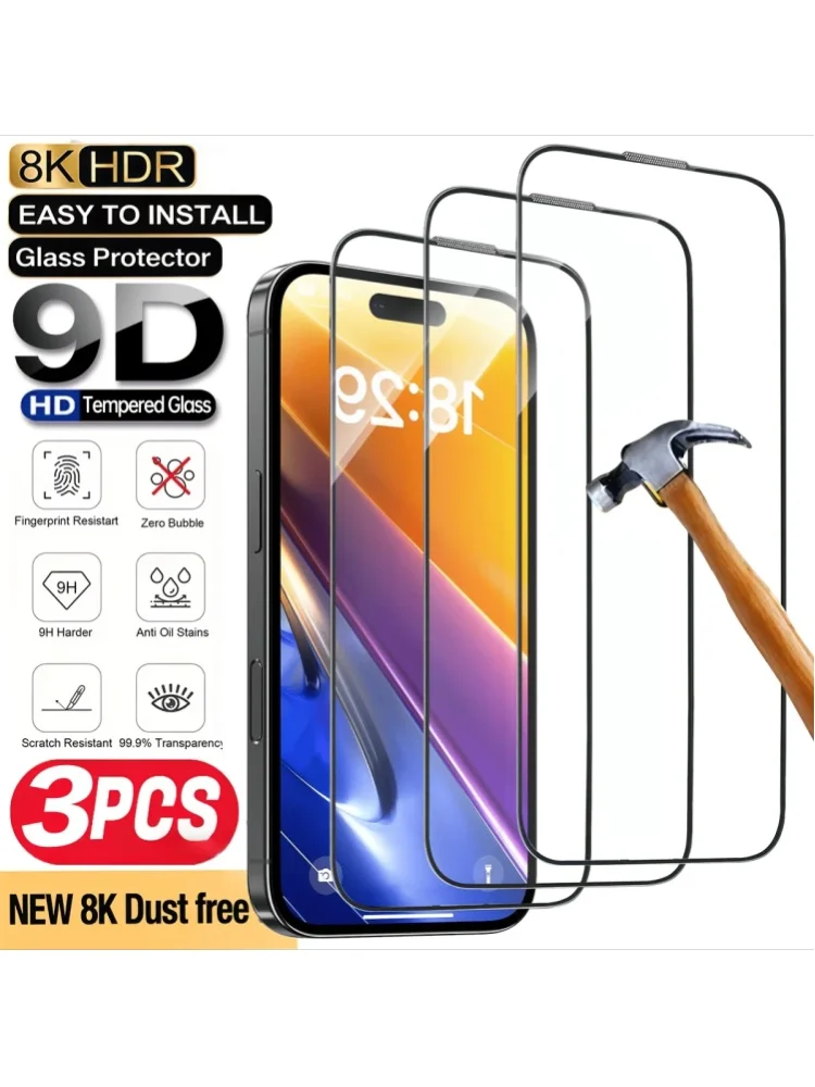 3er-Pack Gehärtetes Glas Displayschutzfolie Vollständige Abdeckung Ultra HD, Anti-Fingerabdruck, Stoßfest, 9H Härte für iPhone 17 16 15 14 13 12 11 Pro Max X XS XR AIR 17pro 17promax