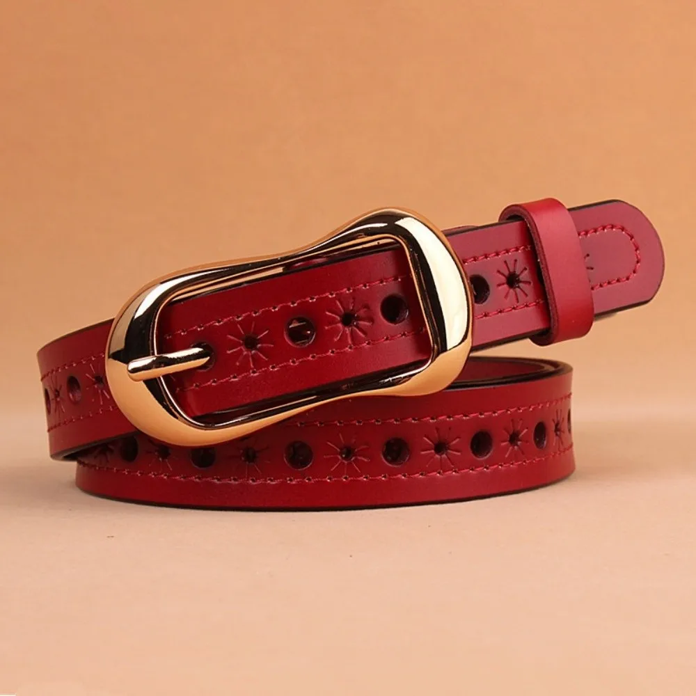 Gold Pin Buckle Hollow Eyelet Belt Oval Metal Buckle Adjustable Multi Hole Waist Strap Belt Classic Design Perforated Leather