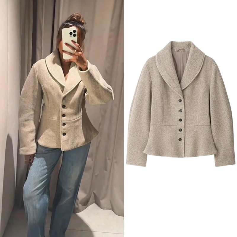 Women Shawl Collar Wool Blend Coat Minimalist Herringbone Jacket Elegant Flared Hem Long Sleeve Autumn Winter Outerwear Chic