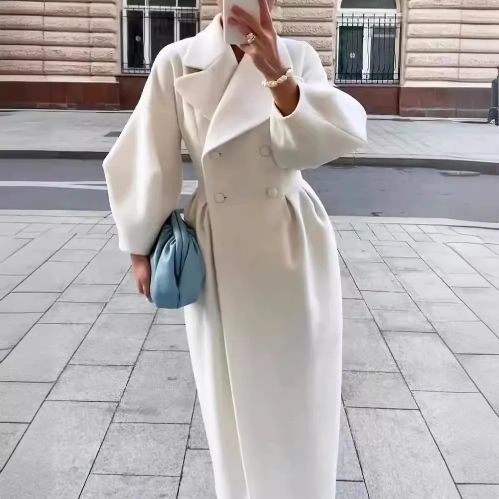 

Autumn and Winter New Vintage Palace Style Balloon Sleeve Large Lapel Woolen Coat Long Coat