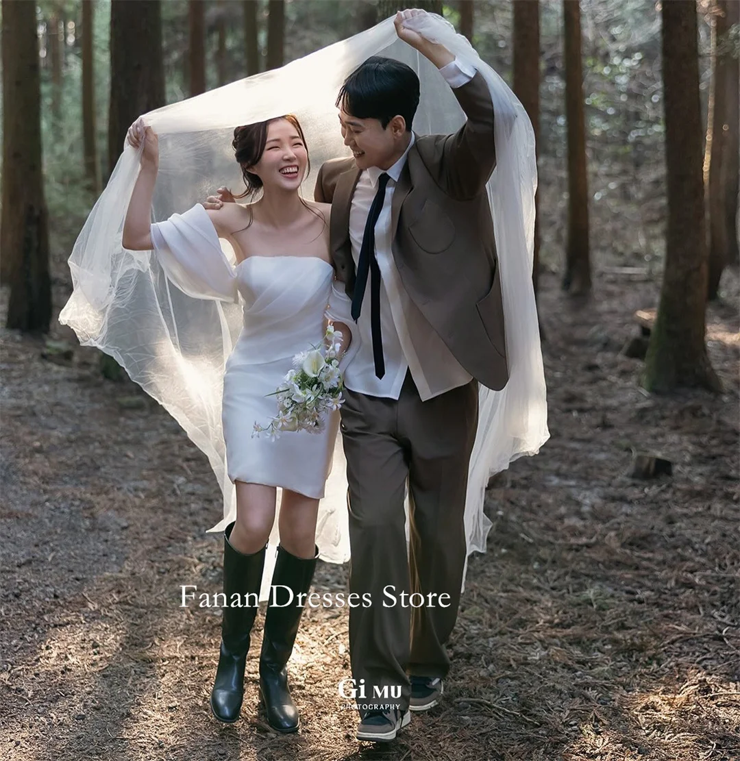 

FANAN Strapless Korea Mermaid Wedding Dresses 웨딩드레스 Tulle Ivory Short Sleeves Short Customized Pretty Bride Gowns Plus Size