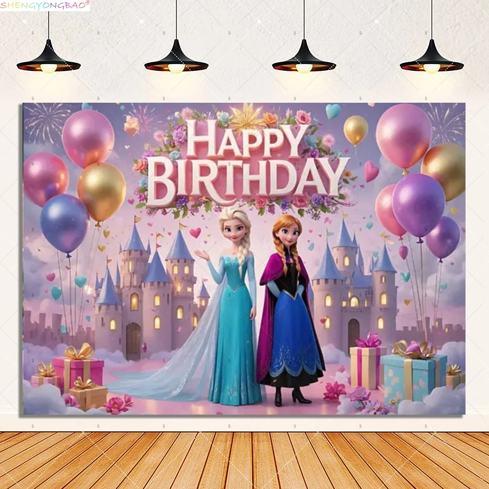 

Disney Anna Elsa Princess Background Cake Happy Birthday Party Scene Kids Girls Baby Shower Photography Backdrops FZ-05