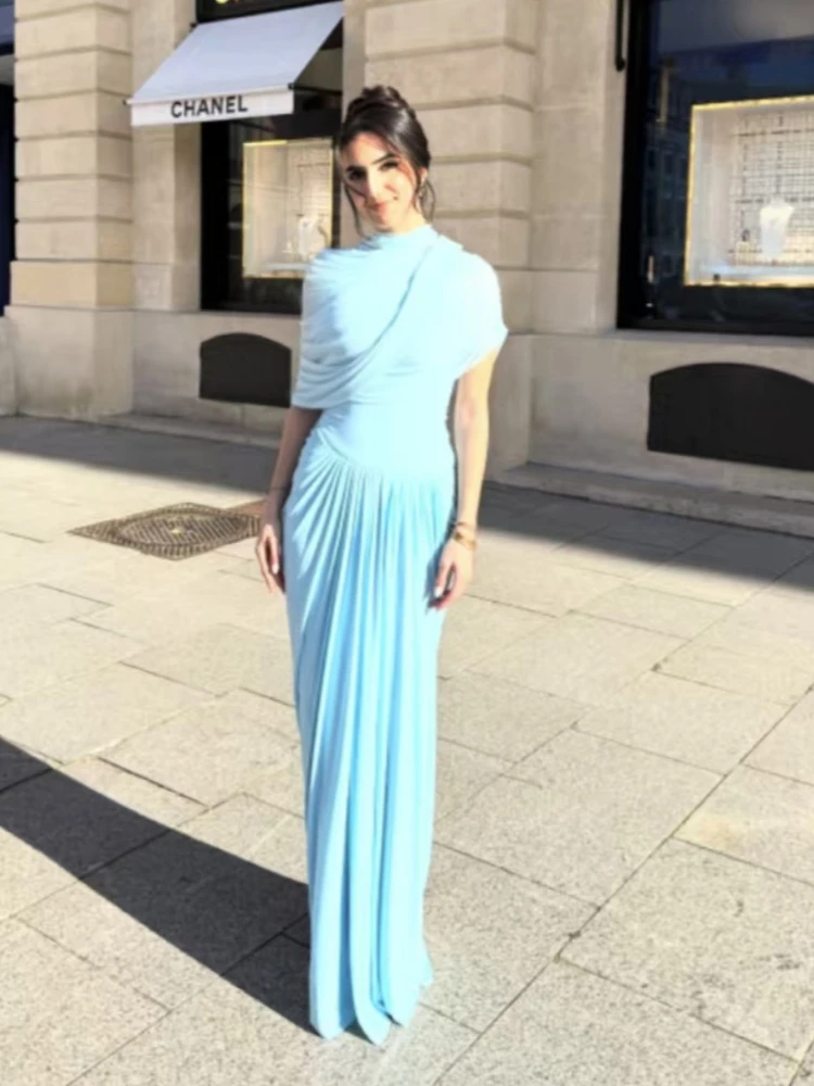 Pink Elegant Mesh Shawl Ruched Asymmetrical Maxi Women Dress Summer Light Blue Slim Party Dress Female Chic Evening Prom Gowns