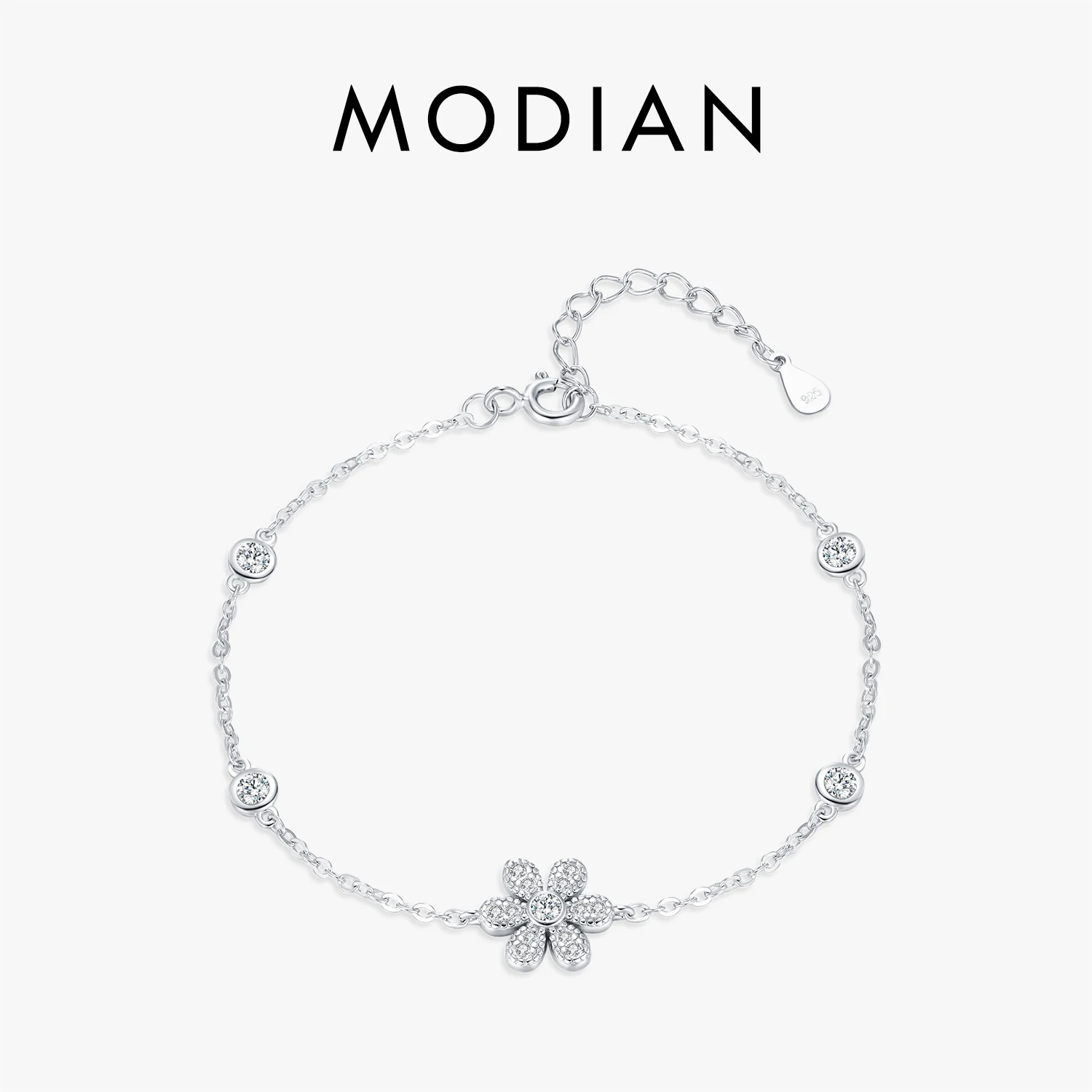 MODIAN 925 Sterling Silver elegancki musujący kwiat wyczyść CZ Charms prosta bransoletka modny łańcuszek dla kobiet biżuterii