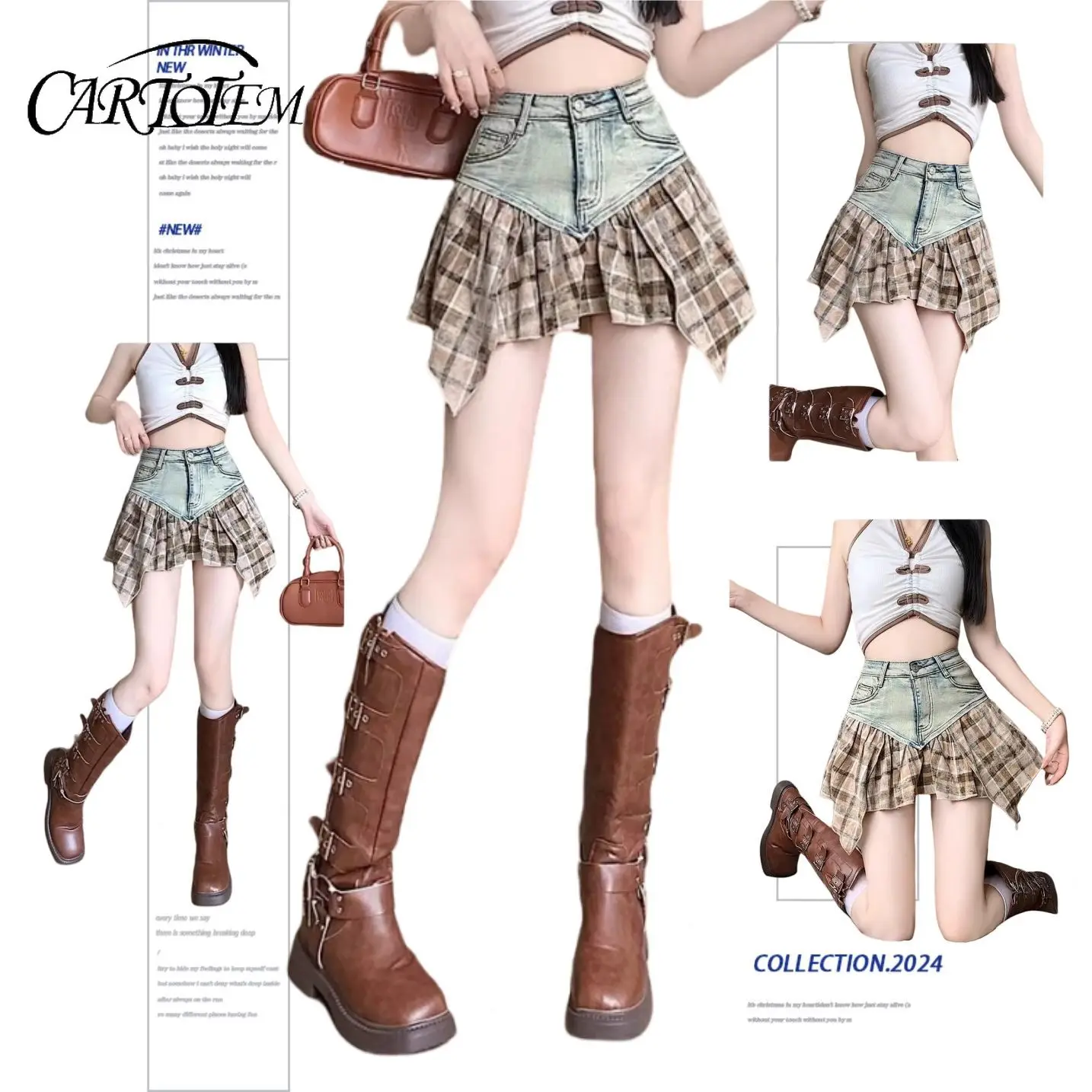 

Female Splicing Hot Girl A-line High Waist Slim and Anti-exposed Irregular Denim Skirt