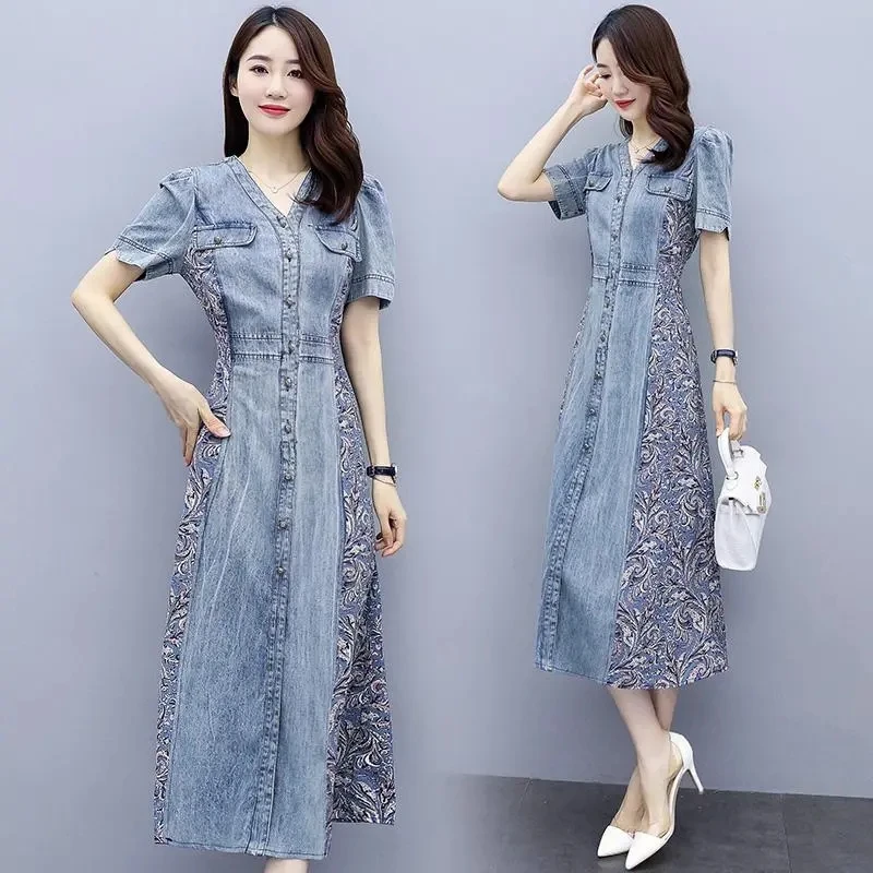 Denim Dress Women 2023 Spring Summer New Temperament Elegant Fashion Dresses Female Denim Splicing V-neck Large Size Long Skirt