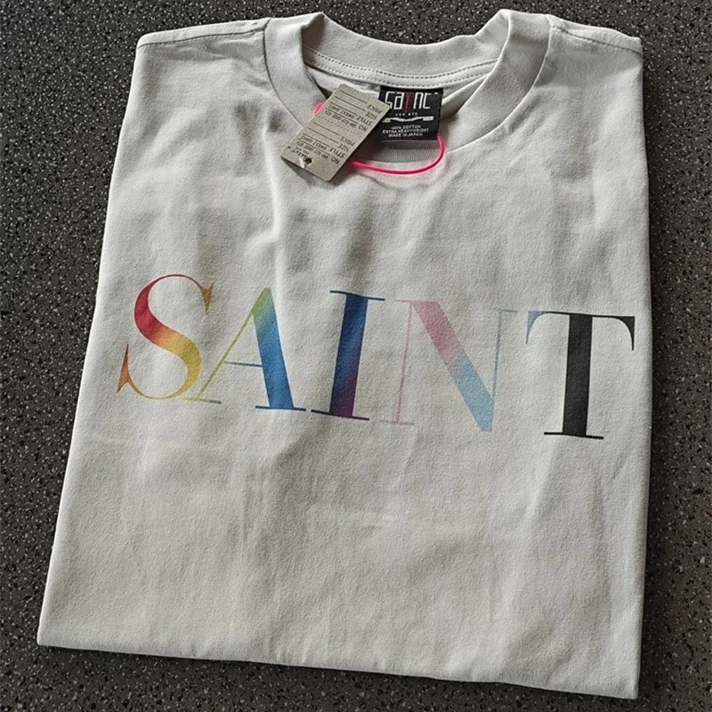 

25ss Casual Saint Michael Pure Cotton T Shirts Men Women Rainbow Letters Logo Print Oversized T-Shirt