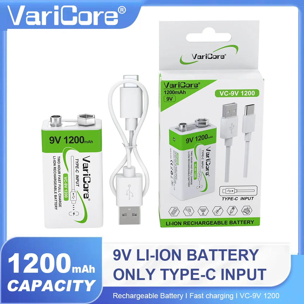 

VariCore VC-9V 1200mAh Rechargeable Lithium Battery, USB-C Type-C Fast Charging, 9V Battery for Smoke Detector, Guitar Pedal, Mu