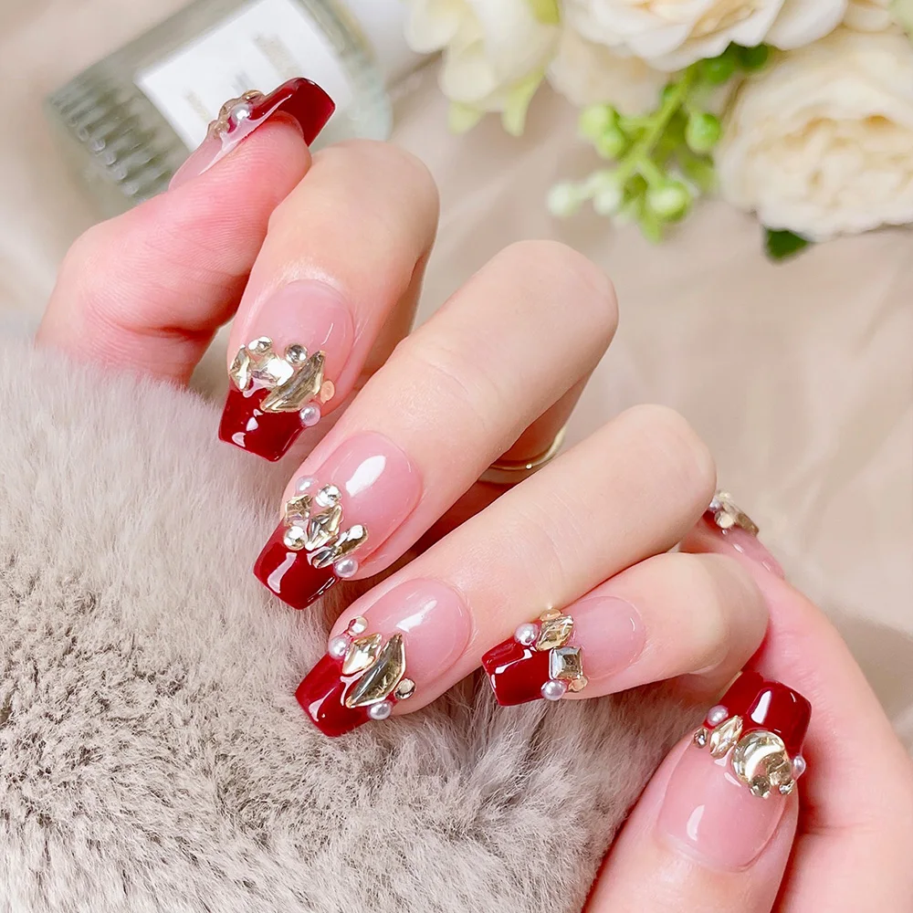 10pcs Short Trapezoid Handmade Press On Nails Kit, Wine Red Fake Nails, Noble Elegant Wearable Nail Art, Rhinestone Ring - view 2
