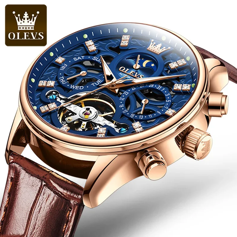 OLEVS-Montre-bracelet automatique pour homme, modules noctilucent évidés, phase de lune, mode de luxe, 6658
