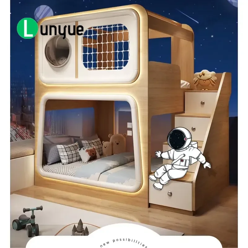 Wooden Bunk Bed Creative Treehouse Capsule Loft Twin Over Twin Space Saving Sleeping Solution for Kids Room Small Space