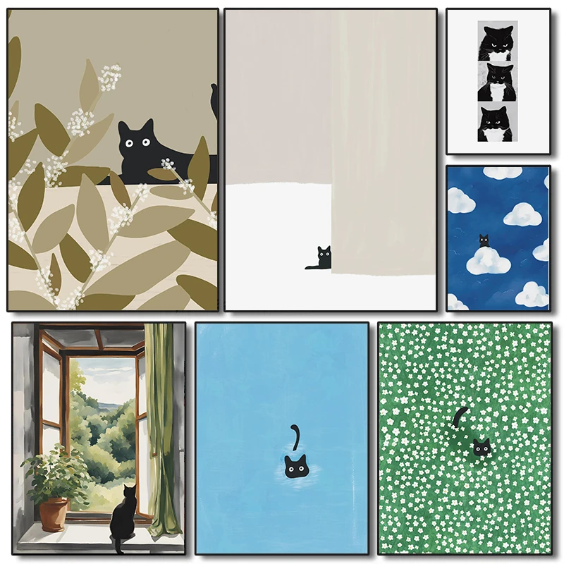 Abstract Black Cat Drawing Poster Cute Cats Pop Illustration Prints Canvas Painting Aesthetic Wall Art Pictures Home Room Decor
