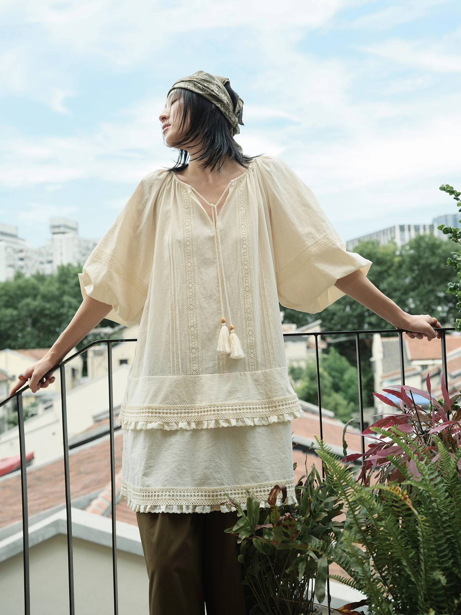 

Романтическая блузка Molin с бахромой и поясом, с рукавами-фонариками, богатой отделкой, из чистого хлопка, свободного кроя, в корейском стиле, с V-образным вырезом и короткими рукавами