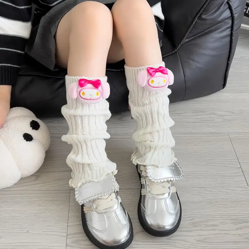 Kuromi Hello Kitty Set Kaus Kaki Anak-anak Kartun Anime Musim Semi Musim Gugur Gaya Kawaii Tabung Tengah Tumpukan Telinga Kayu Boneka Tiga Dimensi
