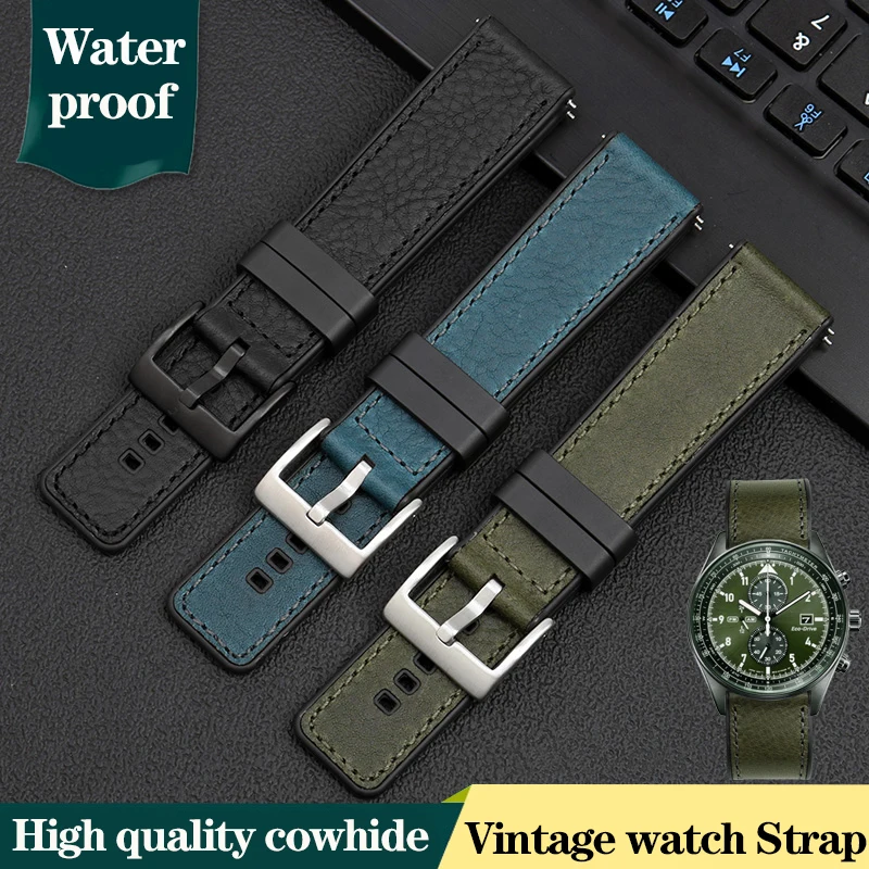 Vintage Italian Leather Watch Band For Seiko Tudor Casio Waterproof Silicone Rubber Bottom Chain Strap Bracelet 20mm  22mm 24mm