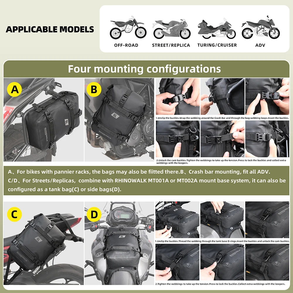 Rhinowalk 방수 오토바이 범퍼 백, 6L 프레임 크래시 바, 범퍼 수리 도구 배치 팩, 모터 탱크 패니어 수하물 가방