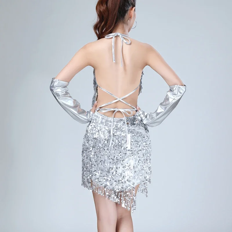 Summer Raves Festivals Outfit V-Neck Backless Lace-up Mini Party Dress with Gloves Shiny Sexy Women Sequin Fringe Dress