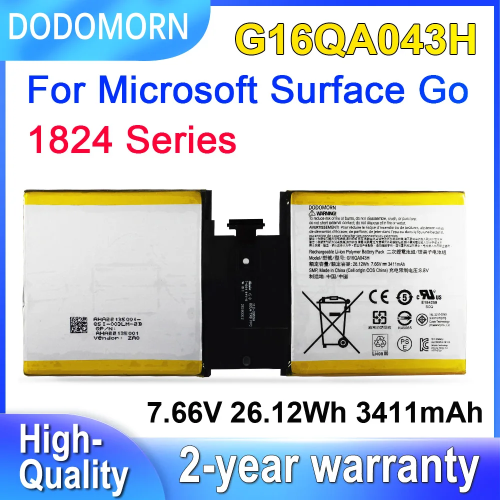 

DODOMORN G16QA043H For Microsoft Surface Go 1824 4415Y Tablet PC 2ICP4/76/76 Laptop Battery 7.66V 26.12Wh 3411mAh Replacement