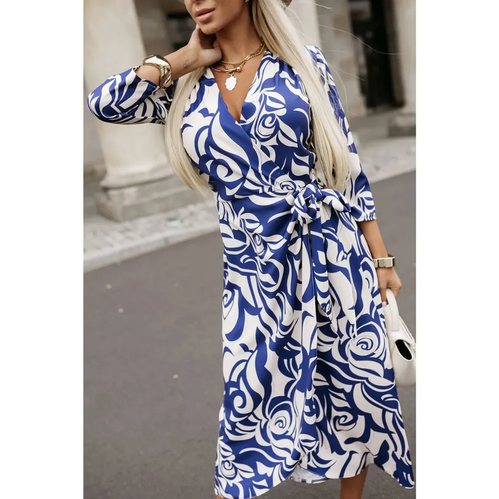 Women's Fashion Long Sleeve Waist Tie-Up Long Dress Fashion Temperament Party Dress Elegant V-neck Pattern Print Holiday Dress