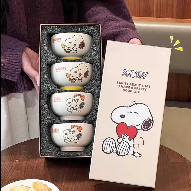 

4Pcs Kawaii Snoopy Co-branded Cartoon Home Rice Bowl High Temperature Resistance Ceramic Tableware Set Gift Box Birthday Gift