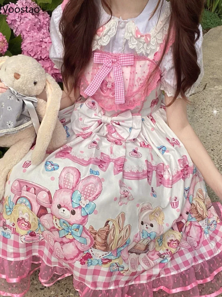 Blusas bonitas de verano de Lolita para niñas, camisas con mangas abullonadas y lunares con lazo de encaje dulce, blusas kawaii para Mujer ms3