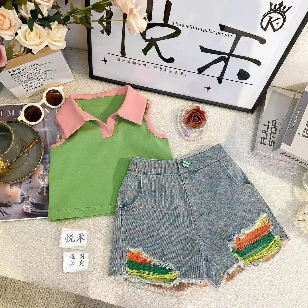 Girls Summer Turn-down Collar Vest Set 2026 New Korean Fashionable and Versatile Ripped Denim Shorts Summer Trend Two Piece Set