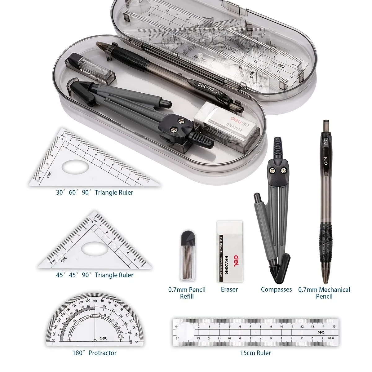 Ensemble mathématique avec boussole, 8 pièces, règle droite en plomb, fournitures scolaires 2024, outil de mesure de dessin mathématique mignon