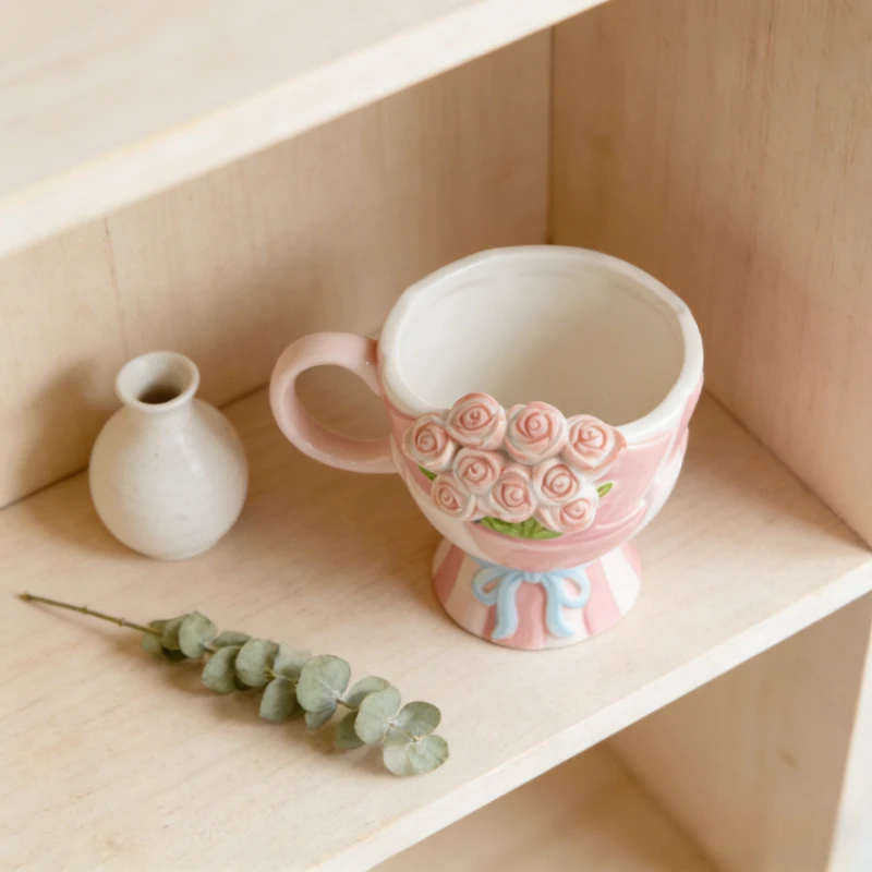 

New Creative Hand Painted Embossed 3D Rose Ceramic Mug Cute High Foot Dessert Cup Breakfast Milk Coffee Cups for Home Daily Use