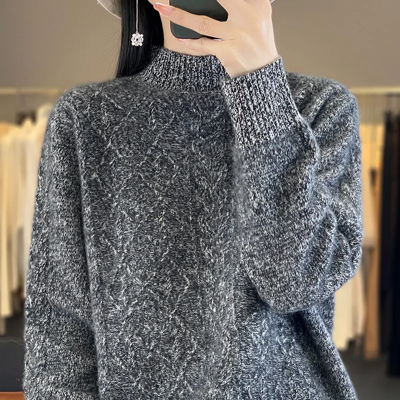 Cross print Autumn/Winter new 100% Merino wool pullover Cashmere sweater Women's half turtleneck pullover warm bottom knit shirt