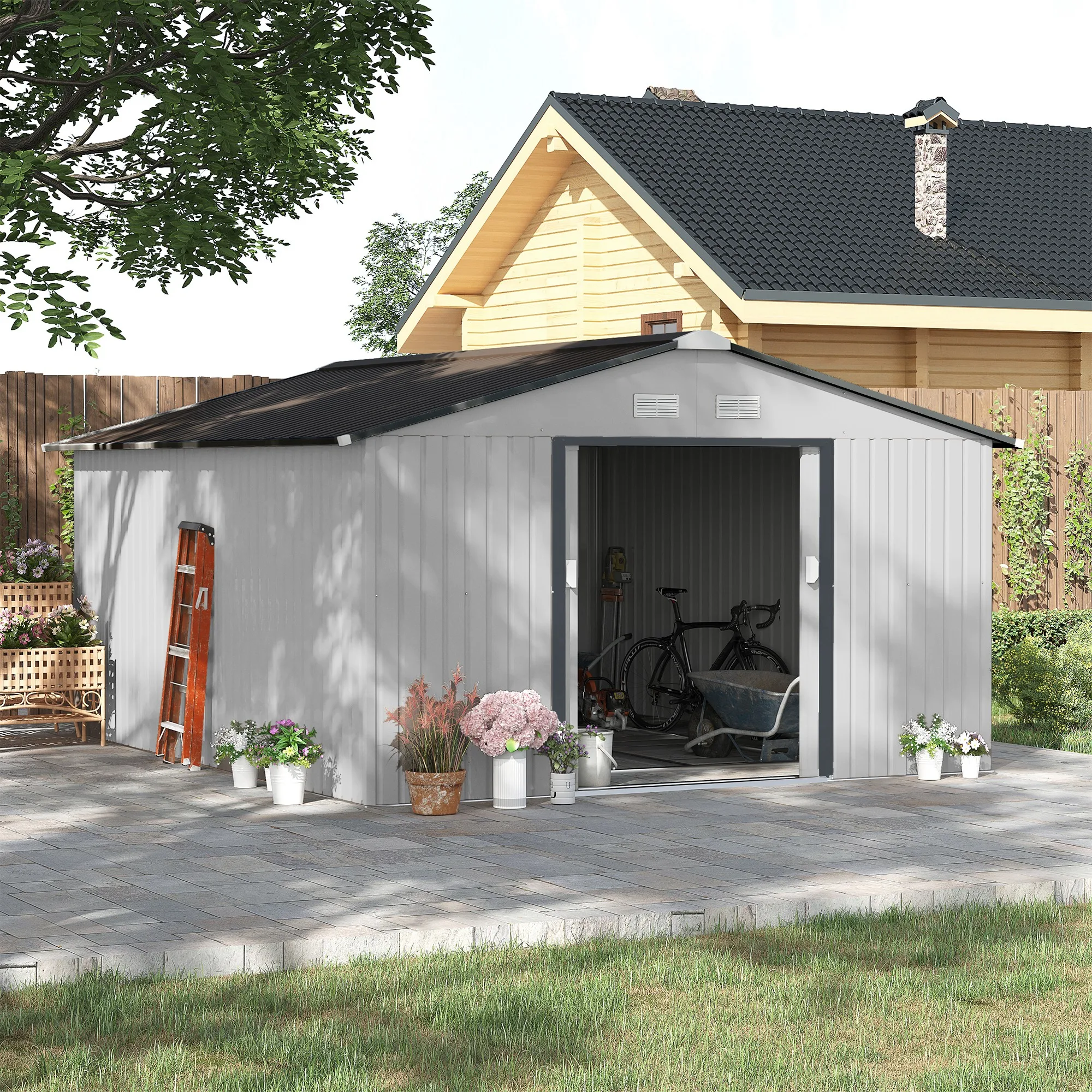 13' X 11' Steel Outdoor Utility Storage Tool Shed for Backyard Garden, White