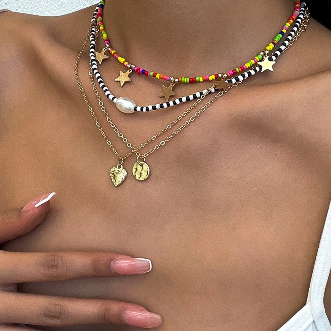 Necklace Multicolor Seed Bead Heart Pendant Star Tassel Stackable Bohemian Chic Lightweight Jewelry Women Banquet Gold Plated