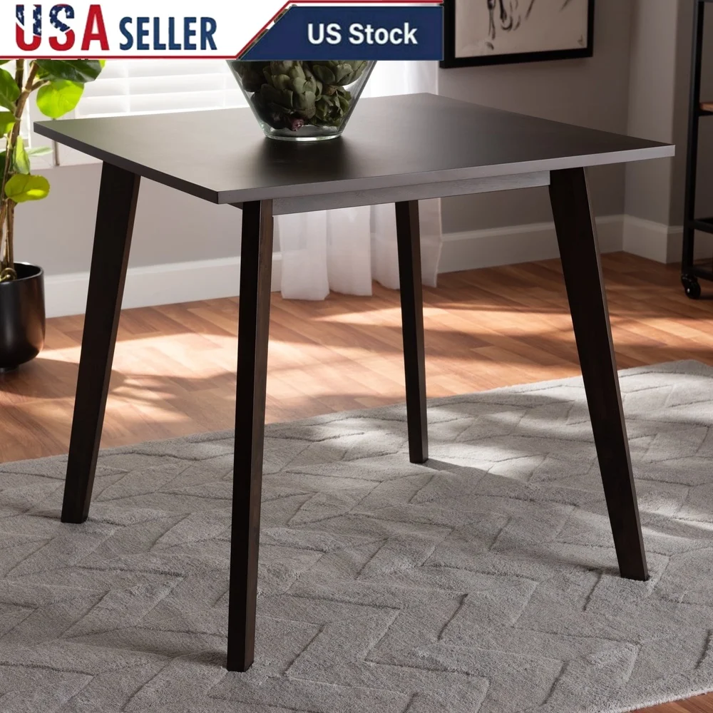 

Mid Century Modern Square Dining Table Rubberwood Construction Dark Oak Brown Finish Indoor Furniture Assembly Required Splayed