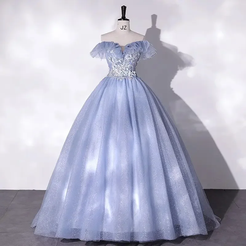Elegant Dusty Blue Off Shoulder Tulle Ball Gown with 3D Flowers for Quinceanera, Wedding, Graduation, Free Crinoline