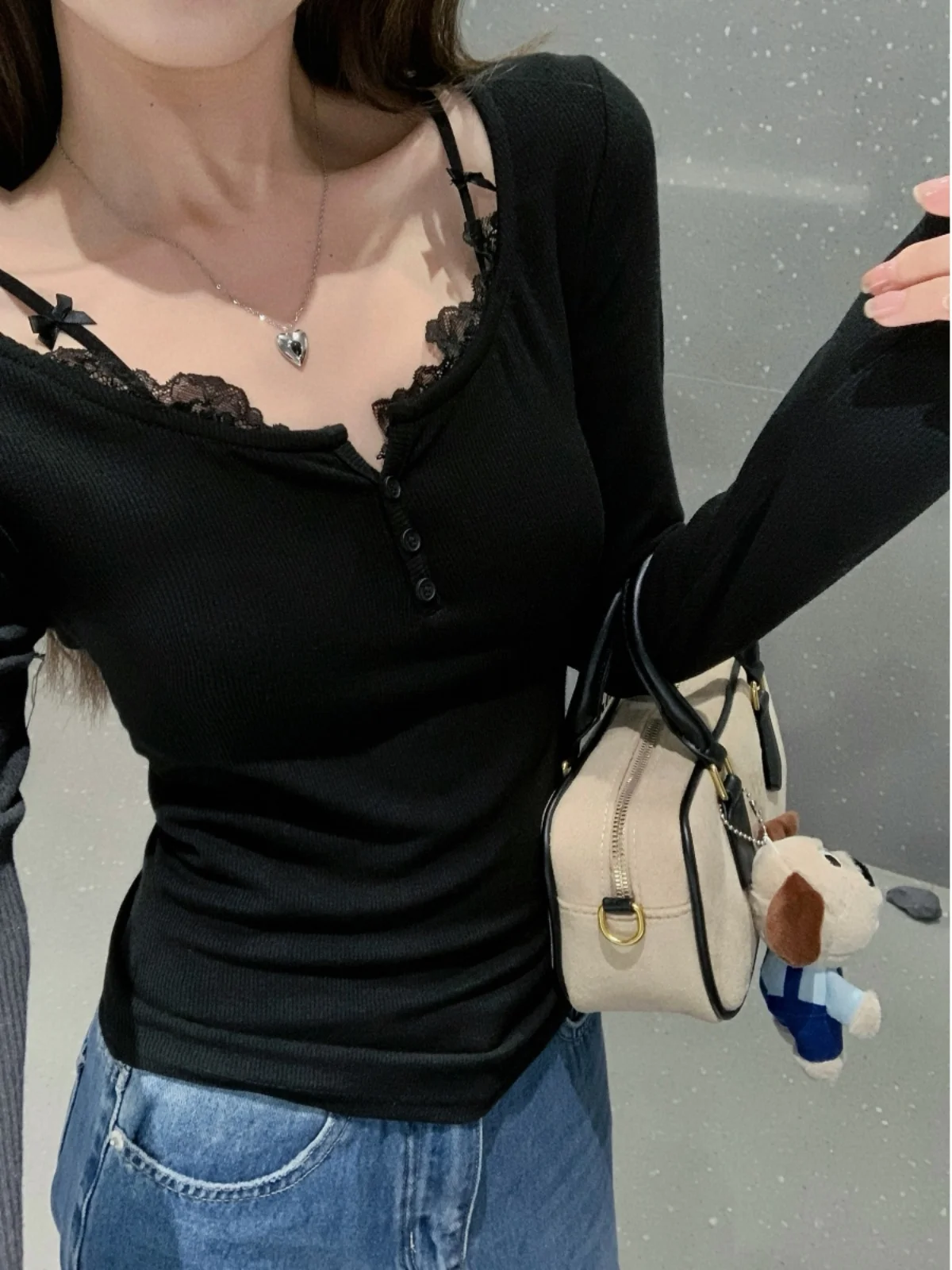 

Женская винтажная повседневная футболка больших размеров с длинным рукавом, весенне-осенний топ с кружевом до плеч для полных женщин