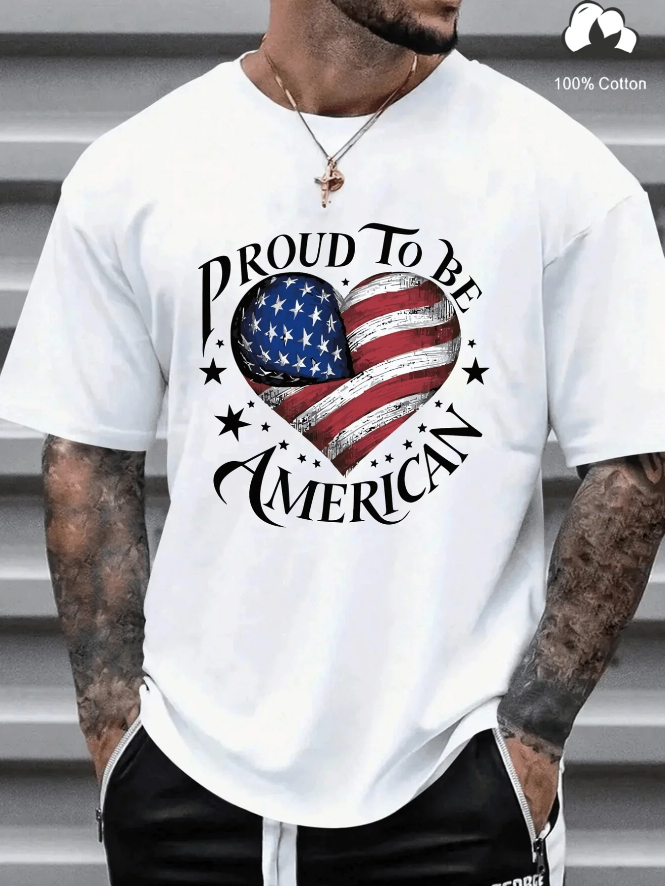 

Men's American Flag Heart Print T Shirt PROUD to BE AMERICAN Graphic, 100 Cotton Regular Fit Casual Streetwear Hip Hop Style
