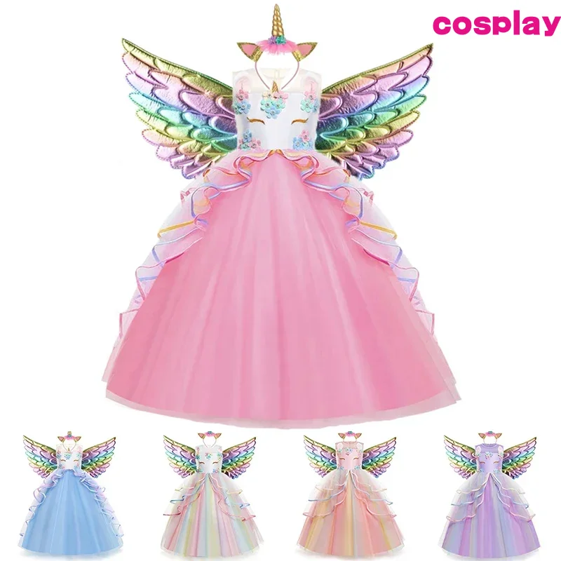 Long Girls Christmas Unicorn Princess Dress Children Wedding Party Floral Ball Gown For Kids Rainbow Birthday Costume 3-12 Yea D