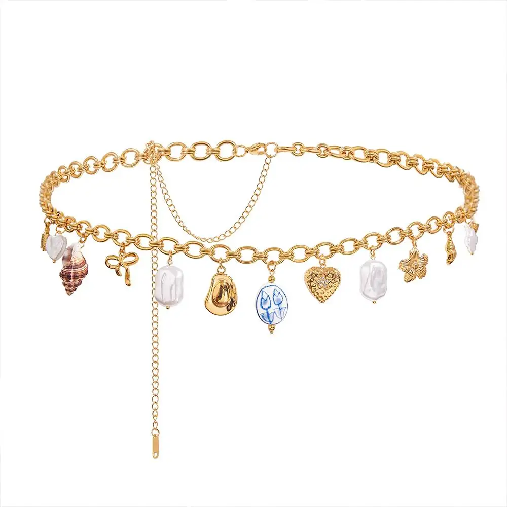 Cadena de cintura de concha Natural para mujer, cadena de cuerpo de perlas impermeable de acero inoxidable, cadena de cintura de Metal Sexy para verano