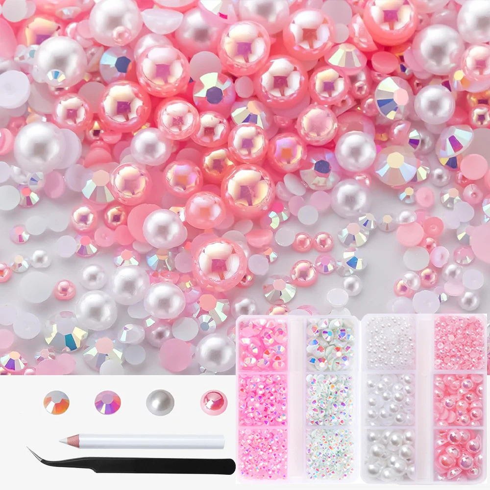 3600Pcs Light Pink and White Pearl Rhinestones for Crafts, Mixed Size 4mm-8mm AB Color Round Half Pearls, Flat Pearls and Resin