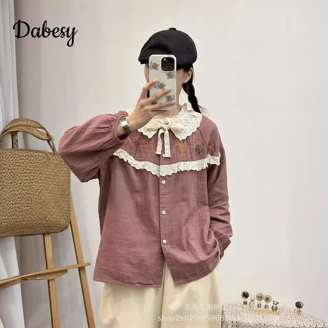 Japan Style Mori Girl Cotton Linen Shirt Women New Vintage Embroidery Ruffles Collar Patchwork single-breasted blouses Loose Top