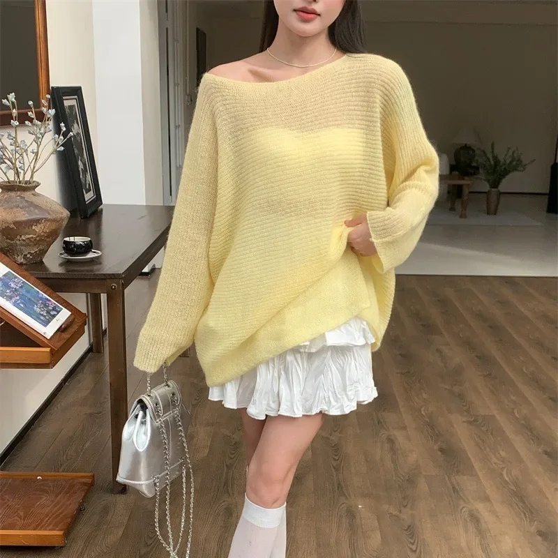 Knitted Wool Sweaters 2024 Spring Autumn Loose Blouse Thin Off-the-shoulder Pullovers Loose Long-sleeve Solid Color Knitwear Top