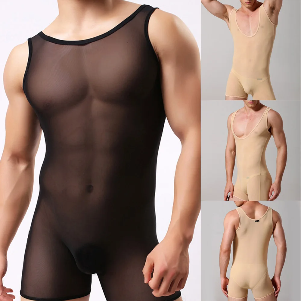 ゲイ-男性用の超薄型透明ボディスーツ,伸縮性の高いランジェリー,下着,パジャマ,M-XL,新品,1個