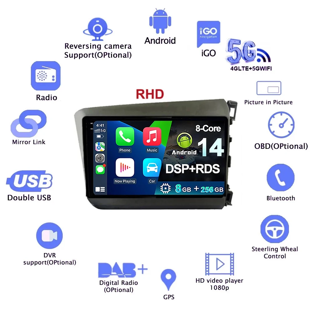 Android 14 For Honda Civic 2012 2013 2014 2015 RHD Wireless Carplay Car Radio Multimedia WIFI Video Player DSP GPS Navigation